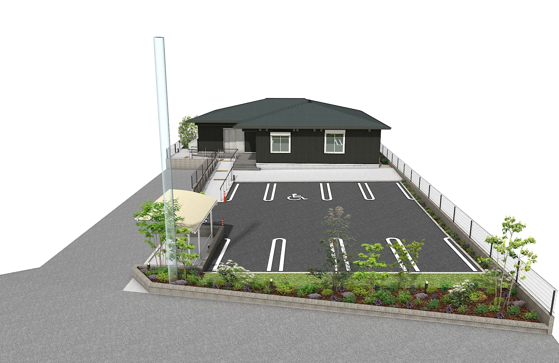 リズム彦成の外観完成予想図。平屋の建物と、車いす用スペースのある駐車場、植栽が整えられた敷地