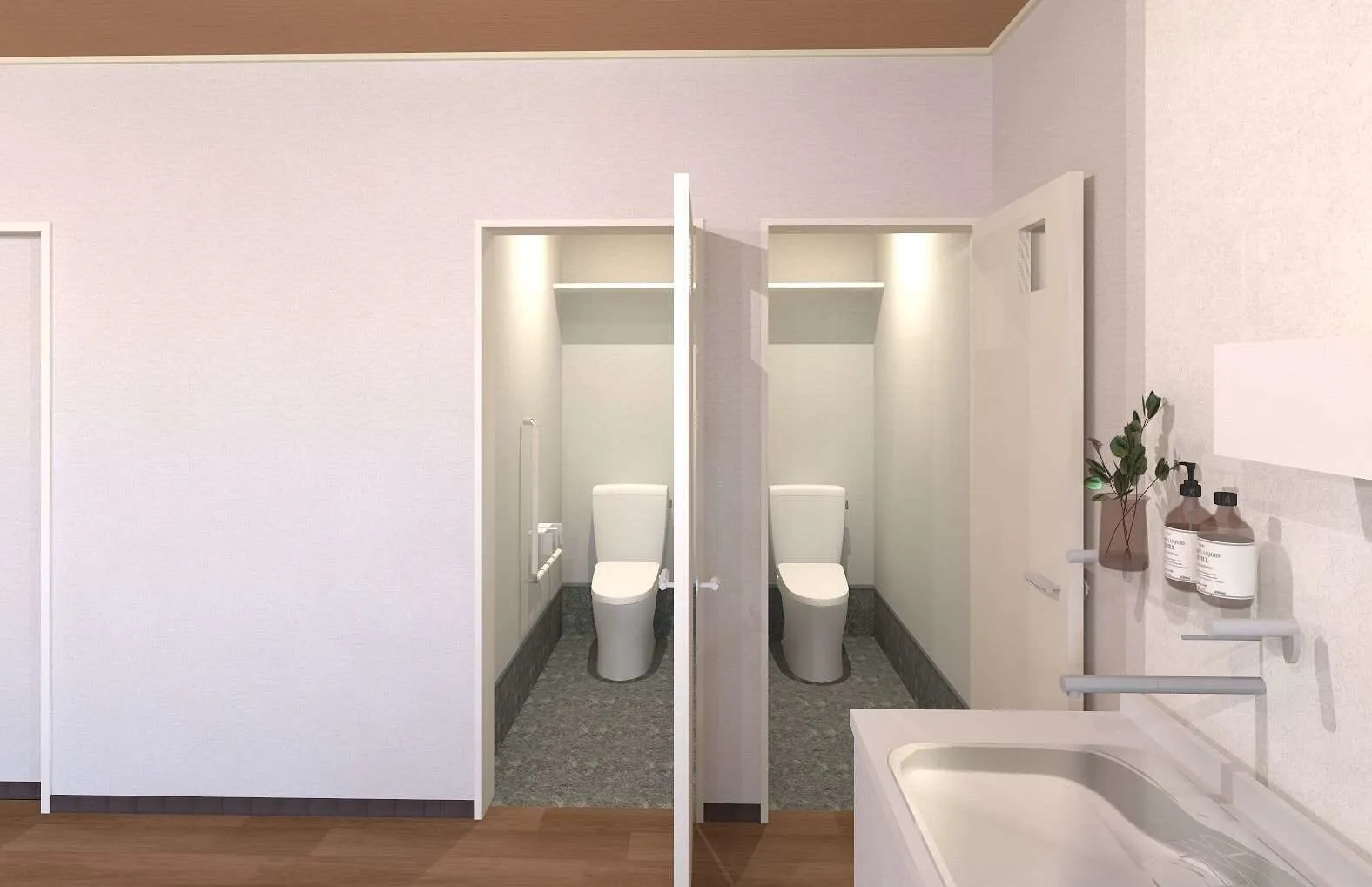トイレの完成予想図。個室が2つ並び、手前に手洗い場がある